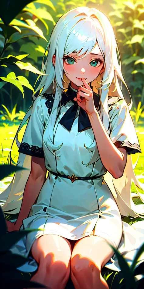 (  masterpiece ,  best quality),  a girl with long white hair sitting on a field of green plants and flowers, her hand under her chin ,  warm lighting ,   white dress  ,  blurry foreground  * having sex *