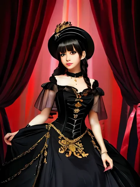  a woman in a black dress and hat, an anime drawing by Yang J, pixiv, rococo, victorian gothic lolita fashion, victorian lady, an elegant gothic princess, rococo fashion, fantasy victorian art, rococo queen, rococo cyberpunk, wearing an ornate outfit, orna...