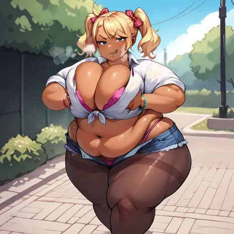 score_9, score_8_up, score_7_up, score_6_up, score_5_up, source anime, BREAK, (1girl), (solo), large breasts, gyaru, short, shortstack, blonde hair, blue eyes, twintails, dark skin, dark-skinned female, navel, wide hips, thick thighs, front-tie shirt, midr...