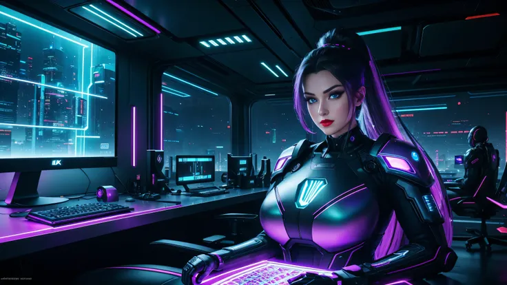 (masterpiece, best quality, expressive eyes, perfect face), (Doll sitting in cyberpunk control room, hyper-realistic face, gorgeous), (curvy), arrogant smirk, wearing tactical suit, high ponytail, (((red lips))), (((anime like eyes, thick false eyelashes))...