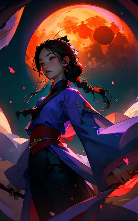 Dark, blood moon, night, high Asian mountains, asia, girl, in blue hanfu, long black hair, under the blood moon, wisteria petals, hd