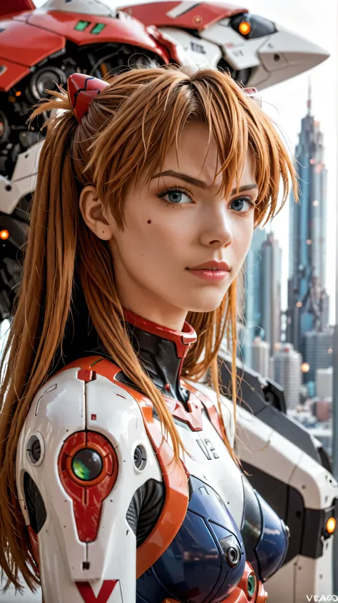 (best quality, masterpiece, RAW photo,ultra-detailed:1.2),  1girl, long red hair,  japanese girl,
(eva 00:1.2), evagod, evangelion mecha, science fiction,beautiful abstract background, Futurism, cyberpunk,  souryuu asuka langley, futuristic lab bokeh backg...