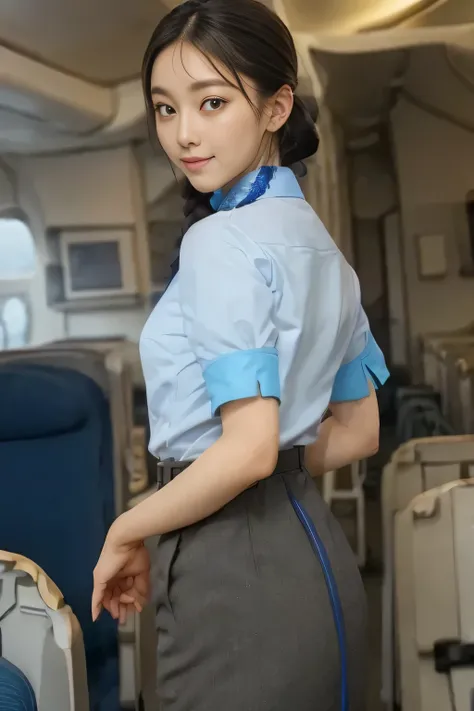 (masterpiece:1.2,  best quality:1.2), 32kHDR,  high resolution for loosely aligning the legs , (Alone、  1 girl)、（ Rooftop of a building during the day 、 Professional Writing ）、  in the background of the roof of the building  、（ANA cabincrew uniform blueを着た...