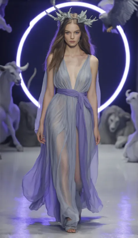"A model inspired by The World tarot card walks gracefully with a fluid catwalk, embodying unity and completeness. She wears a flowing, sheer dress in soft lavender and silver hues, accentuated by a sash of deep purple wrapping around her form, reminiscent...