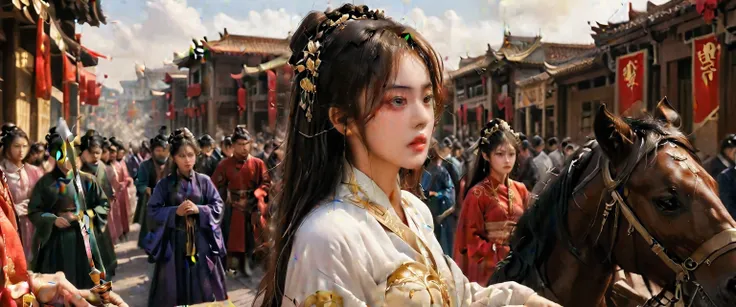 wearing pink , Full costume , an 18-year-old Chinese woman ,Korean woman, long hair fluttering , wearing the Chinese dynasty in the Tang Dynasty , with a cold face , lies on the floor , , standing on the edge of a city building balcony {x} target ...