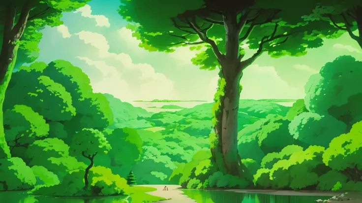 animesque、Background art、Beautiful Landscapes、Natural objects、Studio Ghibli style、You can feel the feel of the brush、landscape ,forest
