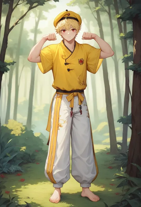 Cutest Anime boy, Slim, Delicate, Red eyes, Blonde hair, messy fringe, long sideburns, Chinese style art, Chinese fighting clothes, baggy pants, stirrups on feet, yellow baggy hanfu shirt,full body,fantasy forest background, yellow canary on shoulder, yell...