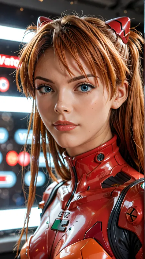 (best quality, masterpiece, RAW photo,ultra-detailed:1.2),  1girl, long red hair,  japanese girl, (red suit), portrait,
(eva 02), evagod, evangelion mecha, science fiction,beautiful abstract background, Futurism, cyberpunk,  souryuu asuka langley, futurist...