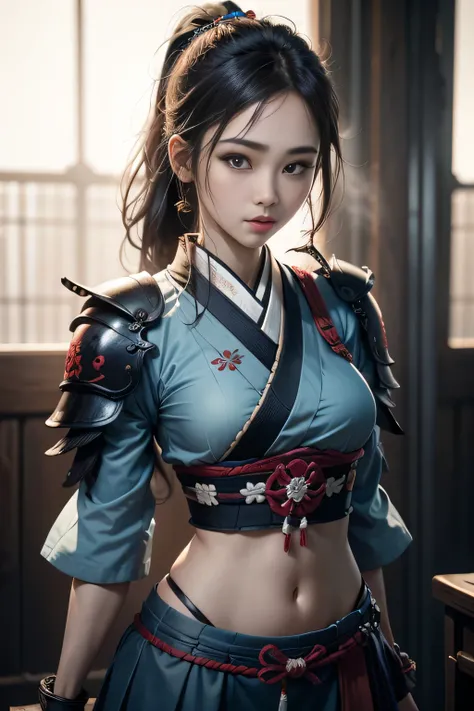 samurai girl, oriental, korean, dark black hair,（Straight hair or ponytail）, k pop idol, Detailed, 1 girl, beautiful, , 8ｋ, artwork, Hyper realistic, wallpapers, Mini skirt, samurai armor, （Standing）, rise, , Light blue panties, ,  ((Light blue lighting)),...