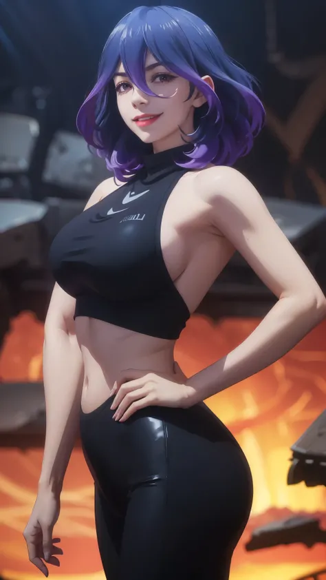 a beautiful woman wearing a vermeil crop top, latex leggings, perfect ass, perfect breasts, perfect body, slim and sexy, smiling, detailed portrait, 8k, photorealistic, highly detailed, cinematic lighting, vibrant colors