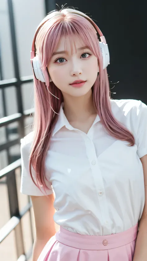 (((forehead、White Blonde Hair、Northern Europe、White people、beautiful girl、Pink hair、pink ombre hair, White background、Pink wireless headphones、Listening to music、high school girl、Dress shirt、mini skirt)))、table top, highest quality, figure, super detailed,...