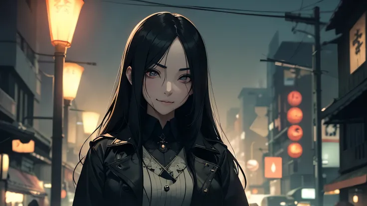 a beautiful Japanese woman with long straight black hair, wearing a beige trench coat, standing under a streetlight on a dimly lit street at night, background is blurry and very dark, her face illuminated by the streetlight, her mouth is unnaturally large,...