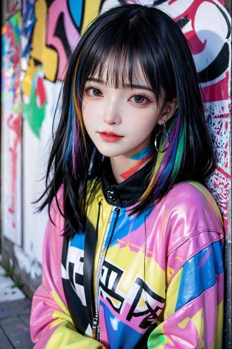 (best quality), masterpiece, Extremely detailed CG8K painting, High Color, Extremely High Color saturation, All colors are deepened, , Graffiti Art, Central Composition, Extremely detailed lighting, Graffiti Wall, Walls painted bright colors, 1 girl graffi...