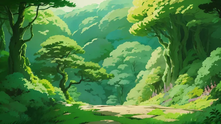 animesque、Background art、Beautiful Landscapes、Natural objects、Studio Ghibli style、You can feel the feel of the brush、landscape ,forest
