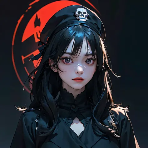 (score_9, score_8_top), score_7_top, 1 girl, mask, long hair, black hair, military uniform, full face mask, looking at the viewer, full body, large chest, black hat, peaked cap, all black, eyes half closed, eyes glowing red, gloomy, unholy, black raincoat,...