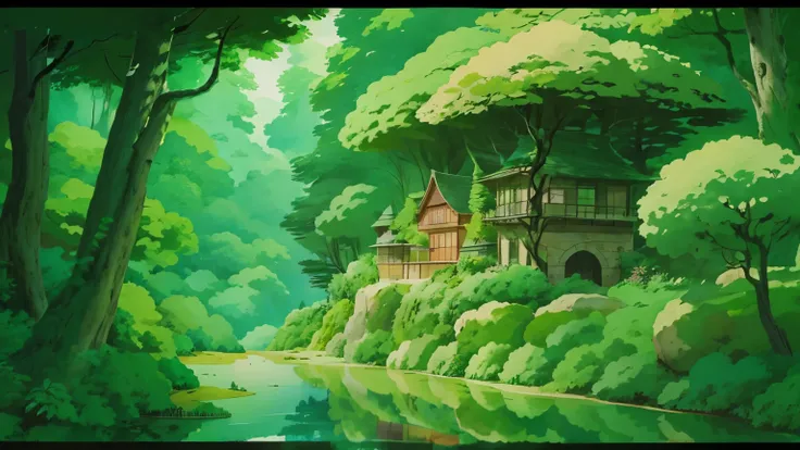 animesque、Background art、Beautiful Landscapes、Natural objects、Studio Ghibli style、You can feel the feel of the brush、landscape ,forest
