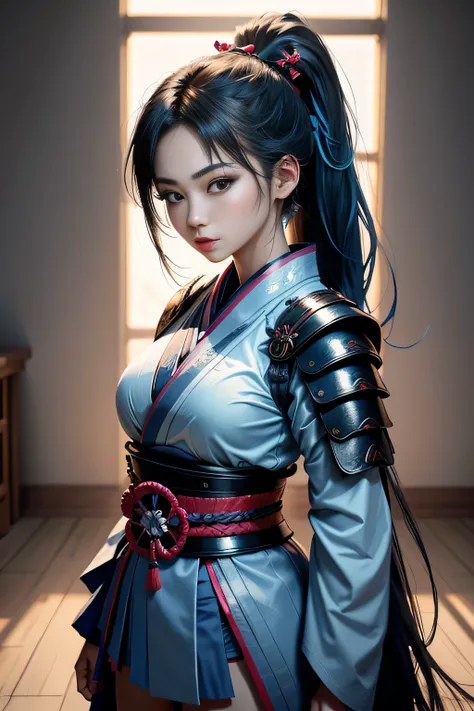 samurai girl, oriental, korean, dark black hair,（Straight hair or ponytail）, k pop idol, Detailed, 1 girl, beautiful, , 8ｋ, artwork, Hyper realistic, wallpapers, Mini skirt, samurai armor, （Standing）, rise, , Light blue panties, ,  ((Light blue lighting)),...