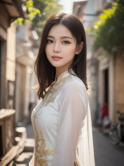 a beautiful vietnamese woman in her 26s, medium build and healthy, medium length straight black hair, expressive kind eyes and a warm smile, long eyelashes, a comforting and positive energy, wearing a traditional vietnamese ao dai dress, standing facing fo...