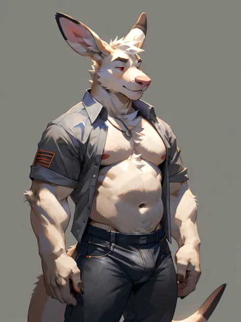 Solo, male, albino kangaroo, in one color tone, with long ears, wearing open collared short sleeve shirt, navel showing, in jeans, chest, big chest view, ((focus body, furry focus, shades focus, body shades)) (((gray background, gray wallpaper, one color))...