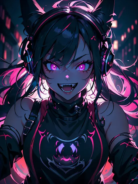 (ultra-detailed), (masterpiece), (best quality), (depth of field), (sharp focus), (cinematic lighting), (vibrant colors), 1girl, crazy smile, fangs, glowing eyes, dynamic pose, upper body shot, monster, headphones, streetwear