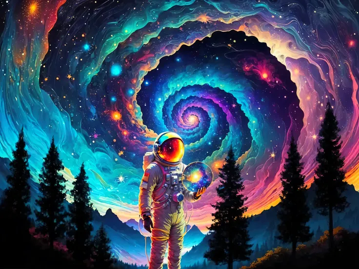  A picture of an astronaut standing in front of a spiral galaxy,  cosmic color 缤纷, 极度Psychedelic Experience ,  Psychedelic Cosmic Horror ,  received by Cyril Rolando  (Cyril Rolando) Inspiration, Surreal space , Psychedelic Journey , Cosmic Psychedelic Pos...