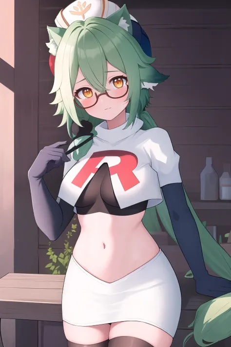 best quality, masterpiece, highres, solo, {sucrose_genshin:1.15}, green_hair, animal_ears, glasses, semi-rimless_eyewear, hat, bangs, vision_(genshin_impact), blush, multicolored_hair, long_hair, hair_between_eyes, cat_ears, orange_eyes, breasts, yellow_ey...