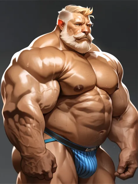 solo, 1boy, huge Muscular (old man, wrinkles skin:1.2, old), portrait, jockstrap, wide shoulder, thick arms, huge muscular old man, very huge pectoral, blonde hair, short hair,  standing, look at viewer, wide pectoral, massive muscle, full body, short hair...