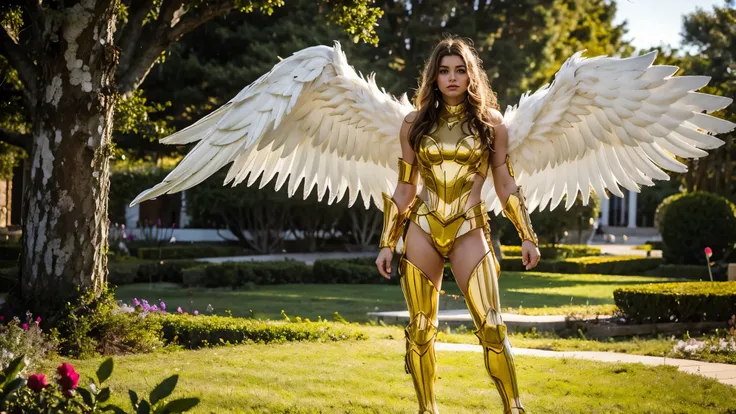 Full body image. Portrait of a beautiful young woman with white wings. Tight golden warrior armor , Big breasts , In the gardens of Olympus