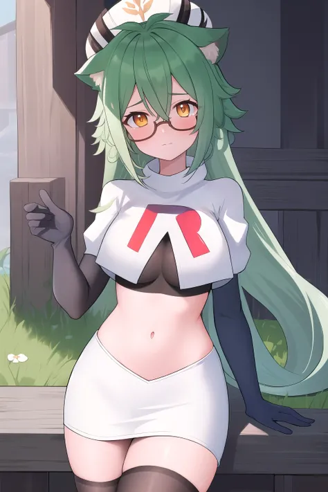 best quality, masterpiece, highres, solo, {sucrose_genshin:1.15}, green_hair, animal_ears, glasses, semi-rimless_eyewear, hat, bangs, vision_(genshin_impact), blush, multicolored_hair, long_hair, hair_between_eyes, cat_ears, orange_eyes, breasts, yellow_ey...