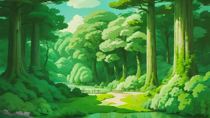 animesque、Background art、Beautiful Landscapes、Natural objects、Studio Ghibli style、You can feel the feel of the brush、landscape ,forest