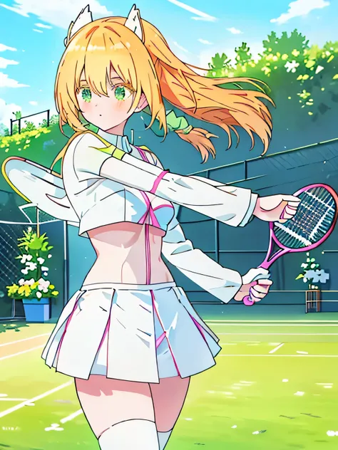 She is wearing a white tennis outfit, with her white undergarments visible. She holds a single tennis racket with both hands in a poised and focused manner. The lush green grass tennis court stretches out in the background. BLACK HIGH SOCKS. braided , best...