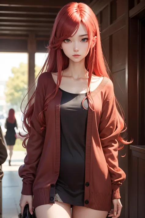  has a long hairstyle 、Hair color is light red 、Body type: slender、 clothes are cardigans、The head is 8 、woman、 collarbone visible 