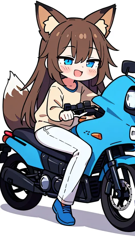  1 girl,  blue eyes, long hair, Brown Hair,  animal ears ,  fox ear, white shirt, Blue Jeans,smile,whole body, is closing its eyes,Crotched on a blue motorcycle