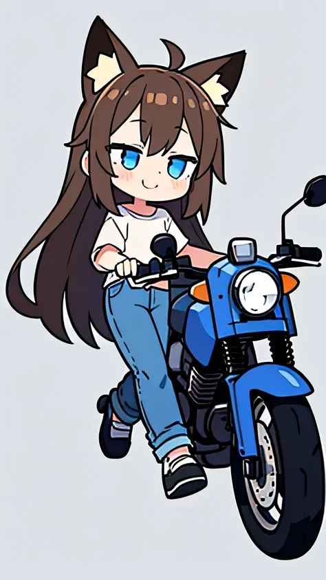  1 girl,  blue eyes, long hair, Brown Hair,  animal ears ,  fox ear, white shirt, Blue Jeans,smile,whole body, is closing its eyes,Crotched on a dark blue motorcycle