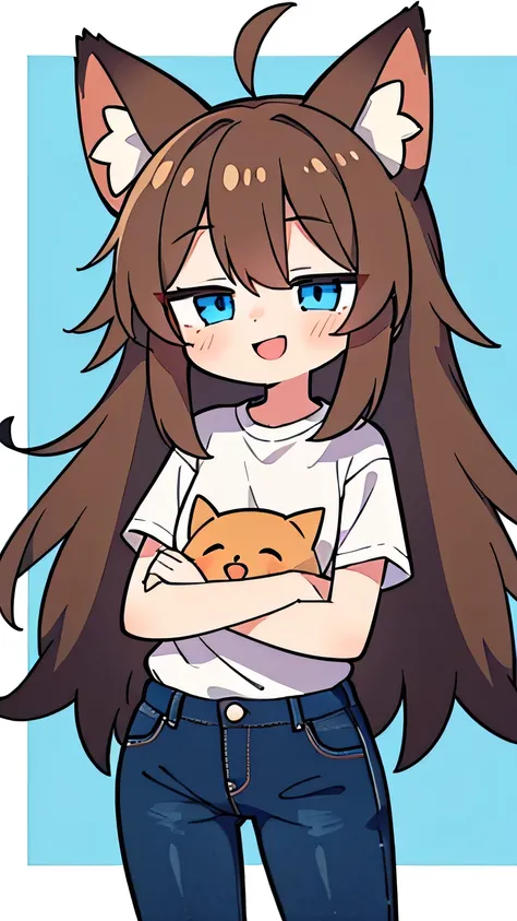  1 girl,  blue eyes, long hair, Brown Hair,  animal ears ,  fox ear, white shirt, Blue Jeans,smile,whole body, is closing its eyes,Crotched on a dark blue motorcycle