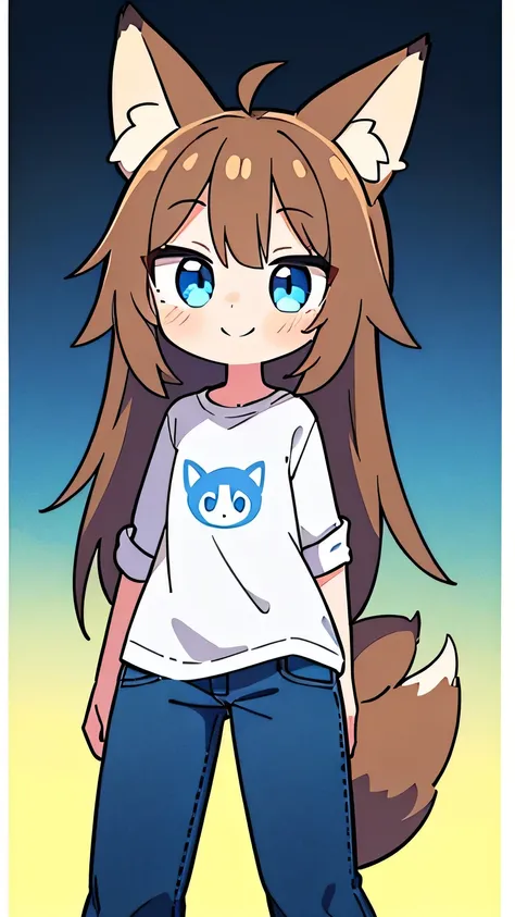  1 girl,  blue eyes, long hair, Brown Hair,  animal ears ,  fox ear, white shirt, Blue Jeans,smile,whole body, standing,Standing beside a dark blue motorcycle