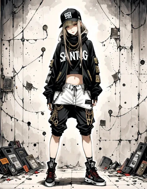 in style of Santiago Caruso,，1girl，Hip-hop style costumes，