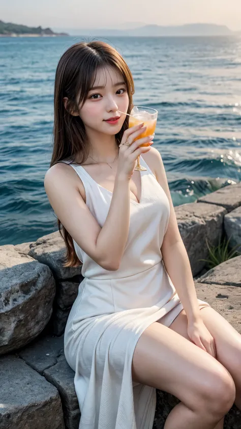  ocean view terrace with elbow on handrail、wooden handrail、 amazing wallpaper , iny figure in a large environment , zoomed out ,  standing、put a rocks glass containing a drink in your mouth  , Carbonated water, Alone,  very cute ,  1 Japanese idol , 20 yea...