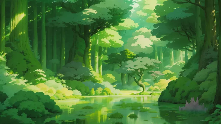 animesque、Background art、Beautiful Landscapes、Natural objects、Studio Ghibli style、You can feel the feel of the brush、landscape ,forest