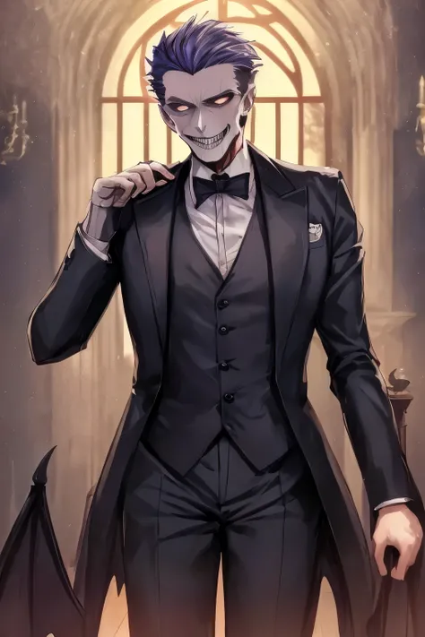 British empiric male demon specter, creepy, intimidating, sophisticated, sinister smile, indoor gothic castle background,