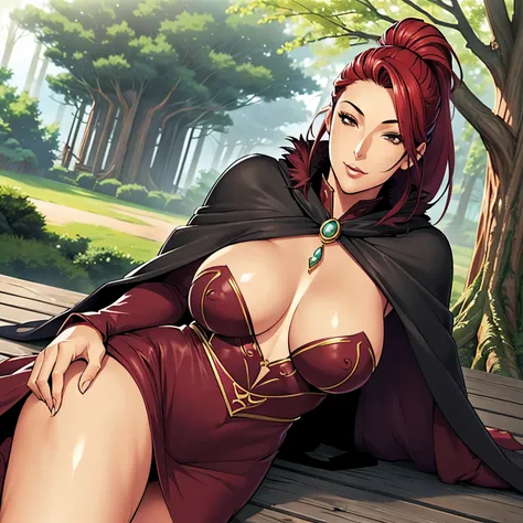 ( best quality:1.2),(  perfect beautiful face lying down and layering the body up and down :1.2),( perfect and beautiful posture :1.2), (( fantasy world, Meet in front of the tree house)), (( Female Wizard)), Tall, Crimson Hair ,  ponytail hair,  black eye...