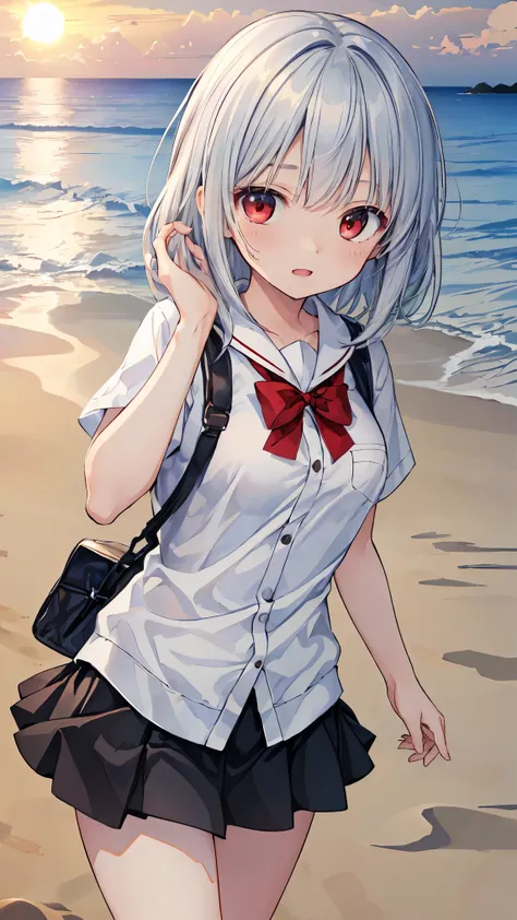 ((  Masterpiece )), ((  best quality )), (( high definition )), (( highly detailed CG Unity 8k wallpaper)), Alone,  Tachibana Kanade , Brown uniform,   black skirt with transparent bust ,  white socks , Outdoor, face,  beach ,  saggy hair , Hair split ,  S...