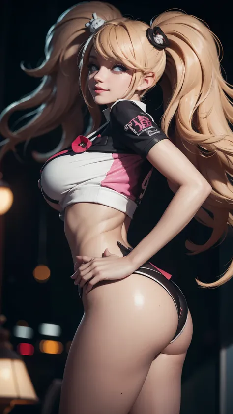 a beautiful detailed girl, Enoshima Junko, underboob t-shirt, latex leggings, perfect ass, perfect breasts, perfect body, slim, sexy, beautiful, cute, smiling, 8k, ultra-detailed, realistic, photorealistic, photo-realistic, HDR, UHD, studio lighting, ultra...