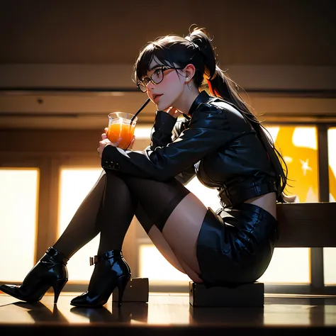 action shot a picture of a curvy woman (Masterpiece 1.5, intense details), full body, sitting in a bar, sipping a cocktail, wearing a white mini dress, slightly hiding the edge of white silk stocking, wearing high heels, smirking, glasses, black choker (in...