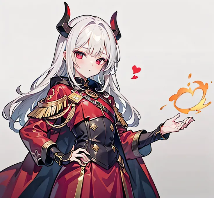 Supreme Calamitas, 1 girl wearing a red brimstone suit with some gold and a red brimstone robe with some gold, gray skin, medium-length white hair, white horns, the background is just dark red colour.