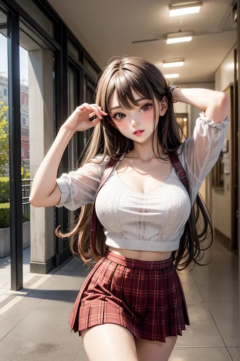 best quality, clear quality, high quality, 4K, 8k, young european woman, (medium breasts), brown eyes, (very long hair), sexy posing, wearing kawaii skirt and top, walking