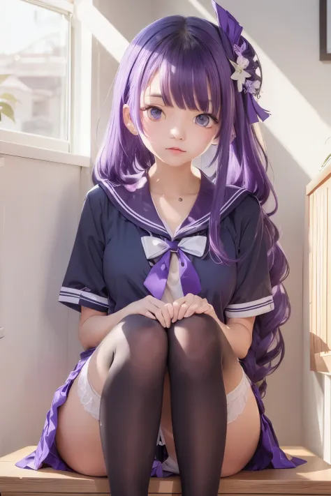 woman with purple hair sitting on a wooden bench near a window and a plant, 1girl, raiden shogun, solo, thighhighs, long hair, purple eyes, mole under eye, sailor collar, skirt, sitting, purple hair, braid, mole, looking at viewer, school uniform, short sl...