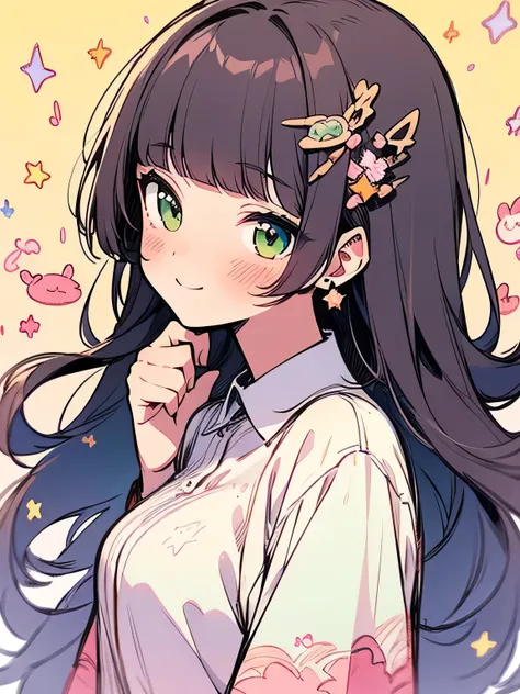 sideview,multiple faces,Alone, upperbody, brown long hair, (blunt bangs), green eyes,  fruit parlor clerk、cute salesperson clothes , lovers atmosphere, blush, Model Pose,winter sky, night sky, stars, cute smile,aurora,(i am a main charactor:1.3), (manga st...