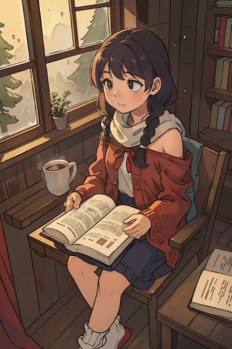 an overview of Cozy study room interior, including a girl occupied 1/6 space ，girl with long braids and red petticoat, room filled with pile of books and paper, mug of hot cocoa steaming nearby, velvet blanket wrapped around shoulders, red woolen scarf aro...