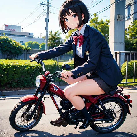  live action 、Genuine、 blazer riding a Honda Moto Compo、 black hair、 short bob、  loose socks、 Black Loafers 、Beautiful Japanese high school girl wearing a 、Who to see&#39;is watching、White background 